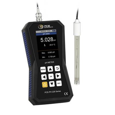 Tragbares PCE-pH-Messgerät mit Sonde, zeigt eine digitale pH-Anzeige von 5,028 und eine Temperatur von 20,0°C an.