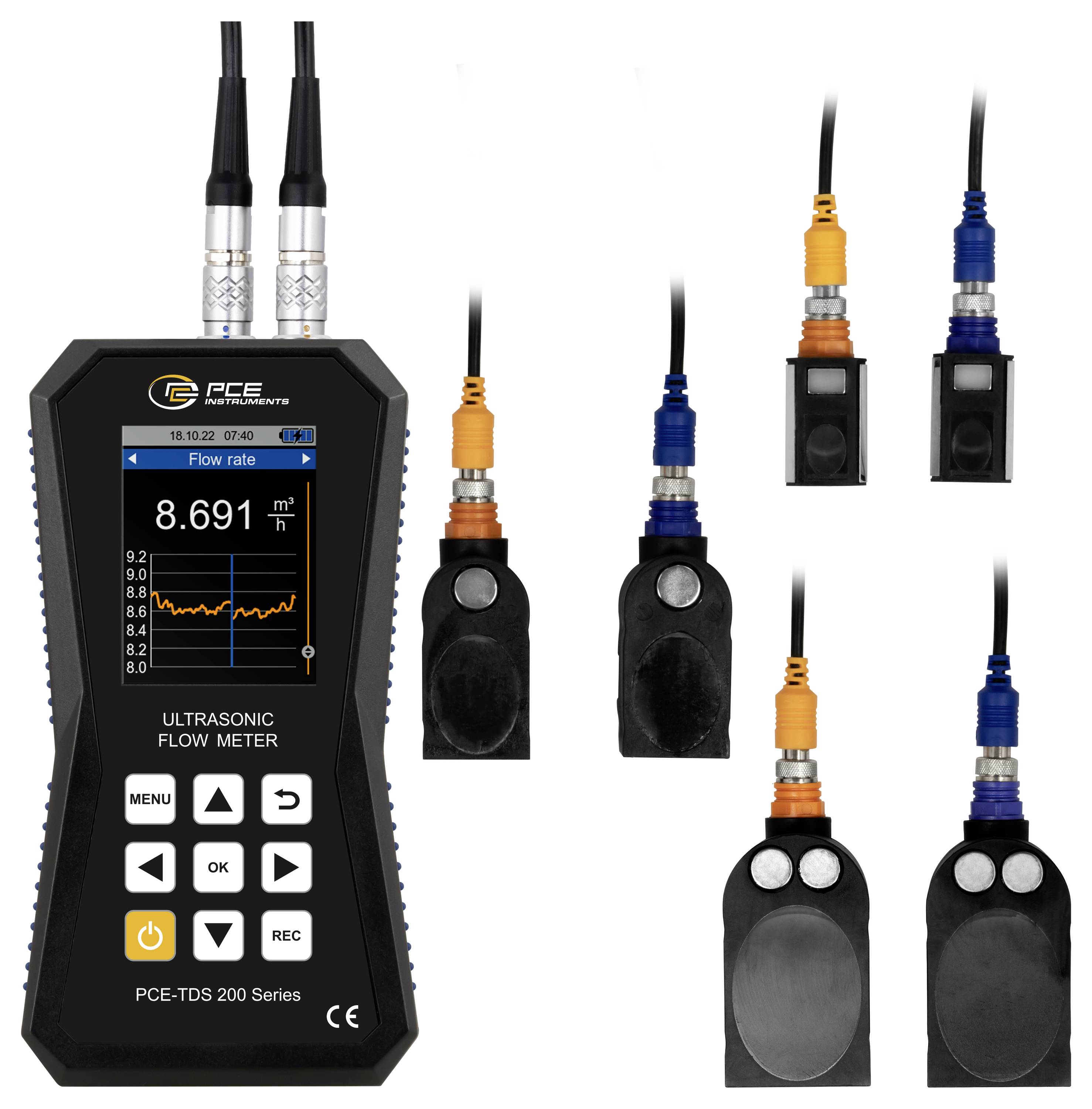 Durchflussmessgerät mit Ultraschall mit tragbarem Display zeigt Durchflussrate von 8.691 m³/h an, zusammen mit mehreren angeschlossenen Sensorsonden mit orange- und blauen Anschlüssen.