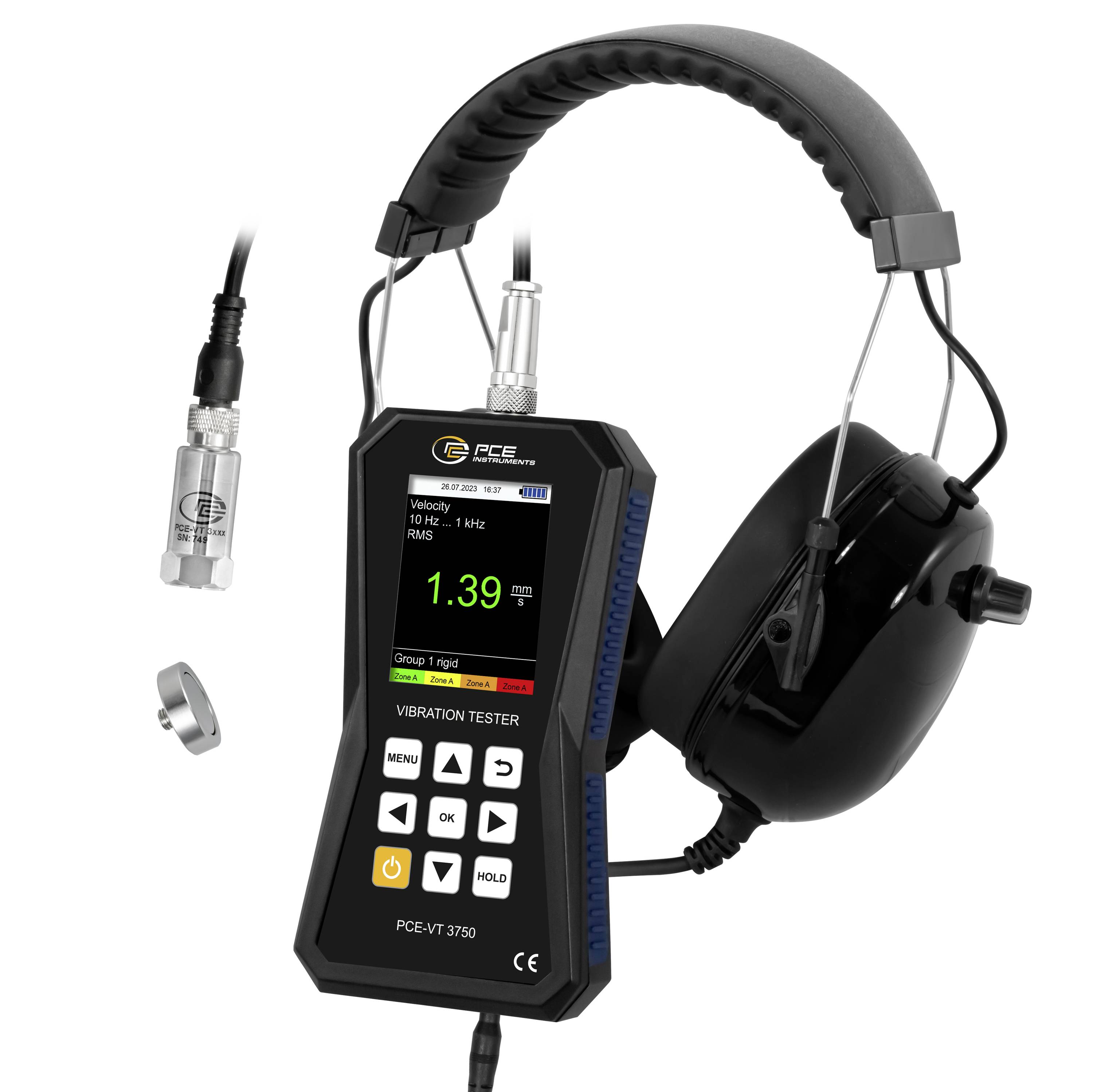 Tragbarer Vibrationsmesstester mit Kopfhörern und Sensorsonde, zeigt eine digitale Anzeige von 1,39 und beschriftete Vibrationsmesstester-Bedienelemente.