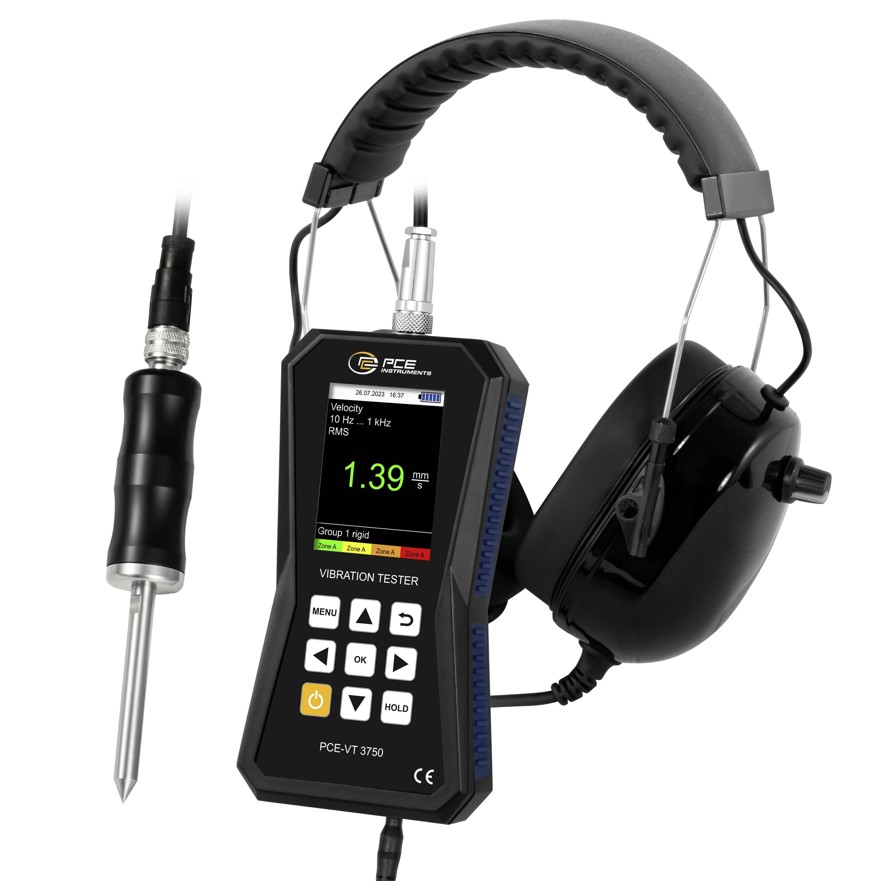 PCE Instruments Vibrationsmessgerät PCE-VT 3750S inkl. Nadelfühler |Kopfhörer |Beschleunigung |Geschwindigkeit |Weg