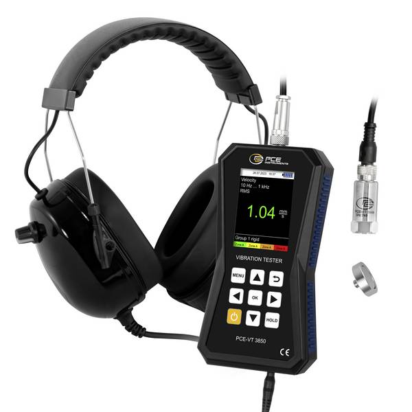 PCE Instruments Schwingungsmesser PCE-VT 3850 inkl. externen Sensor & Kopfhörer |Software |Spitzenwertmessung |Speicher