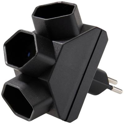Schwarzer dreifacher Steckdosenadapter, der es ermöglicht, drei elektrische Geräte gleichzeitig an eine Wandsteckdose anzuschließen.