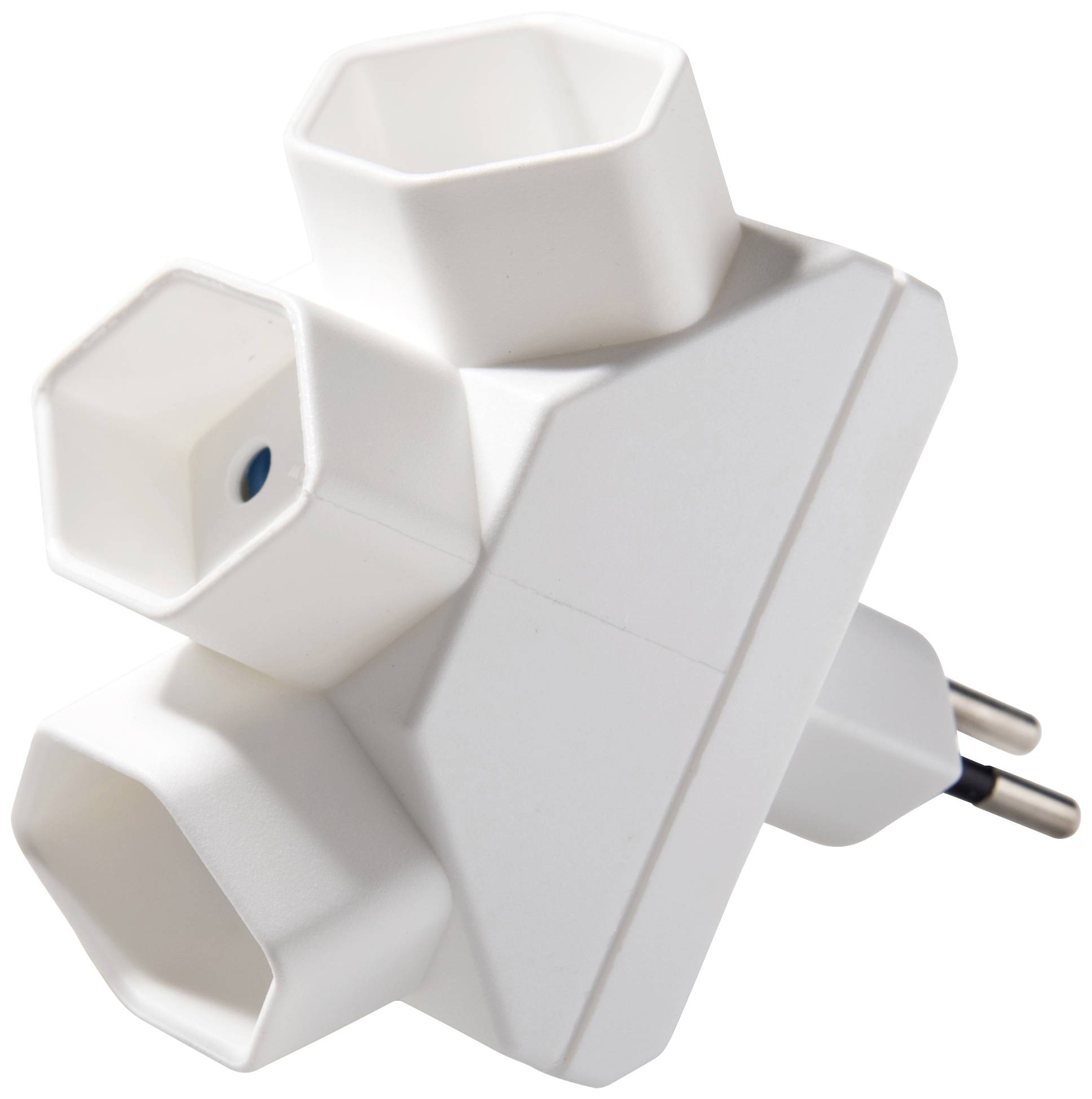 Ein weißer Mehrfachstecker mit drei Steckplätzen, geeignet für den Anschluss von mehreren Elektrogeräten an eine Steckdose.