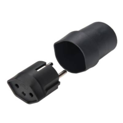 Ein schwarzer, auseinandergebauter Euro-Steckeradapter in zwei Teilen auf weißem Hintergrund.
