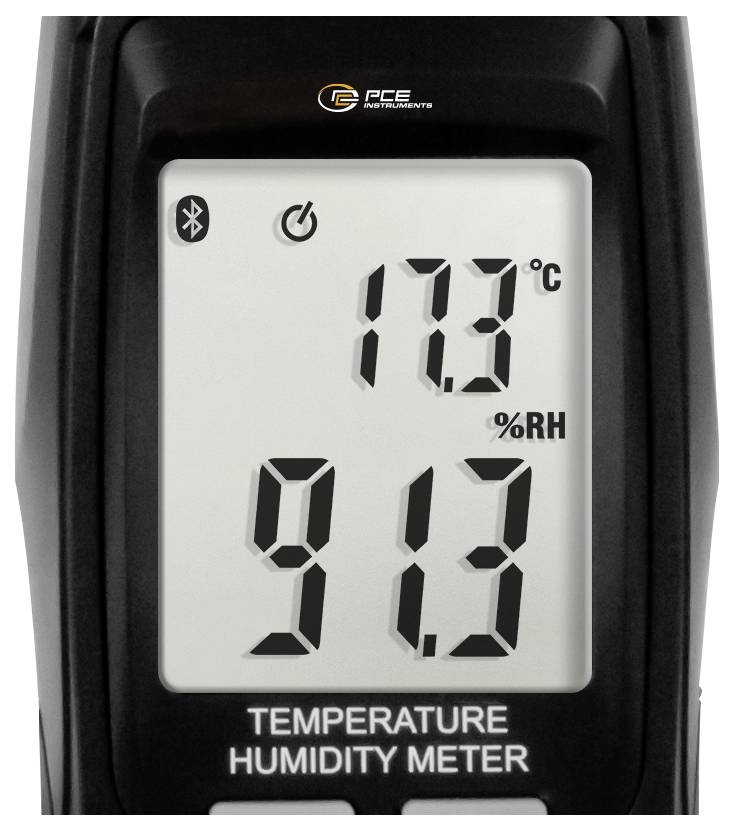 Digitales Temperatur- und Feuchtemessgerät zeigt 17,3 °C und 91,3 % RF an, mit angezeigten Bluetooth- und Stromsymbolen.