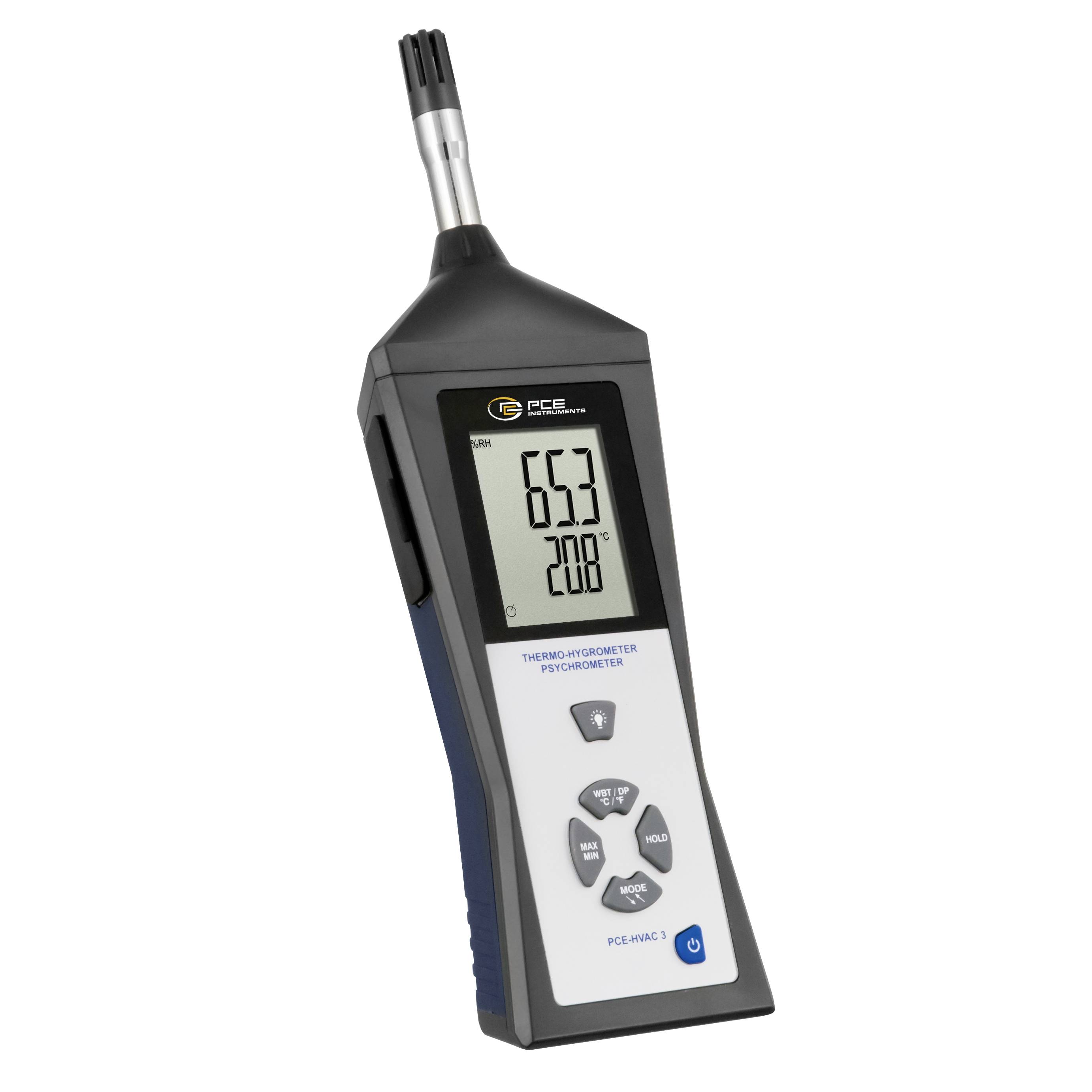 Tragbares digitales Thermo-Hygrometer mit Messfühler, dessen Display die Messwerte 65,3 und 20,8 anzeigt.