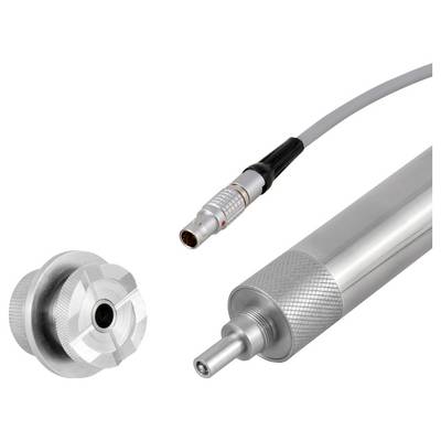 Medizinisches Kabel mit Metallstecker und zwei Nahaufnahmen seiner kreisförmigen Steckerenden auf weißem Hintergrund.