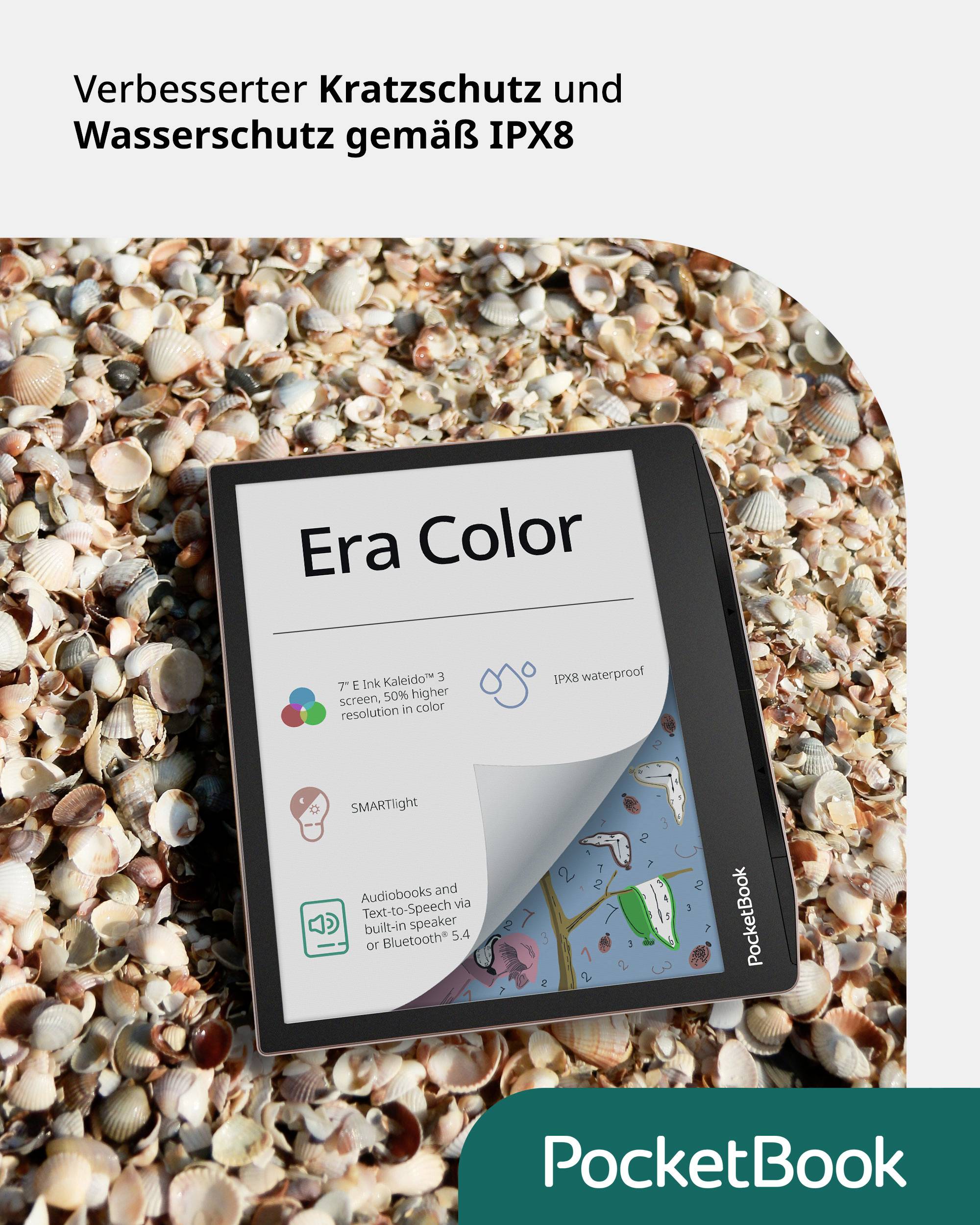 Ein E-Reader auf einem Muschelboden, beworben mit verbesserter Kratz- und Wasserschutzfunktion gemäß IPX8.