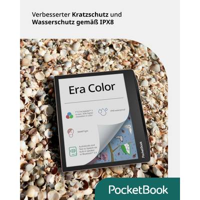 Ein E-Reader auf einem Muschelboden, beworben mit verbesserter Kratz- und Wasserschutzfunktion gemäß IPX8.
