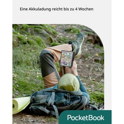 Eine Person entspannt im Wald liest auf einem E-Reader. Text oben: 'Eine Akkuladung reicht bis zu 4 Wochen'.