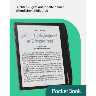 Ein E-Reader zeigt eine Seite aus 'Alice's Adventures in Wonderland' von Lewis Carroll an. Der grüne Hintergrund trägt den Text 'Leichter Zugriff auf Inhalte deiner öffentlichen Bibliothek'.
