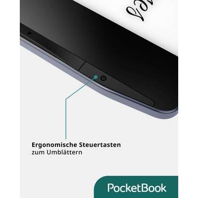 Ein E-Reader zeigt ergonomische Steuertasten zum Umblättern. Text 'Ergonomische Steuertasten zum Umblättern' und Logo 'PocketBook'.