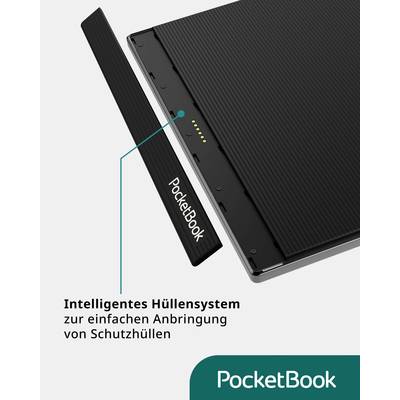 'PocketBook' Tablet mit abnehmbarem Teil und Text: 'Intelligentes Hüllensystem zur einfachen Anbringung von Schutzhüllen'.