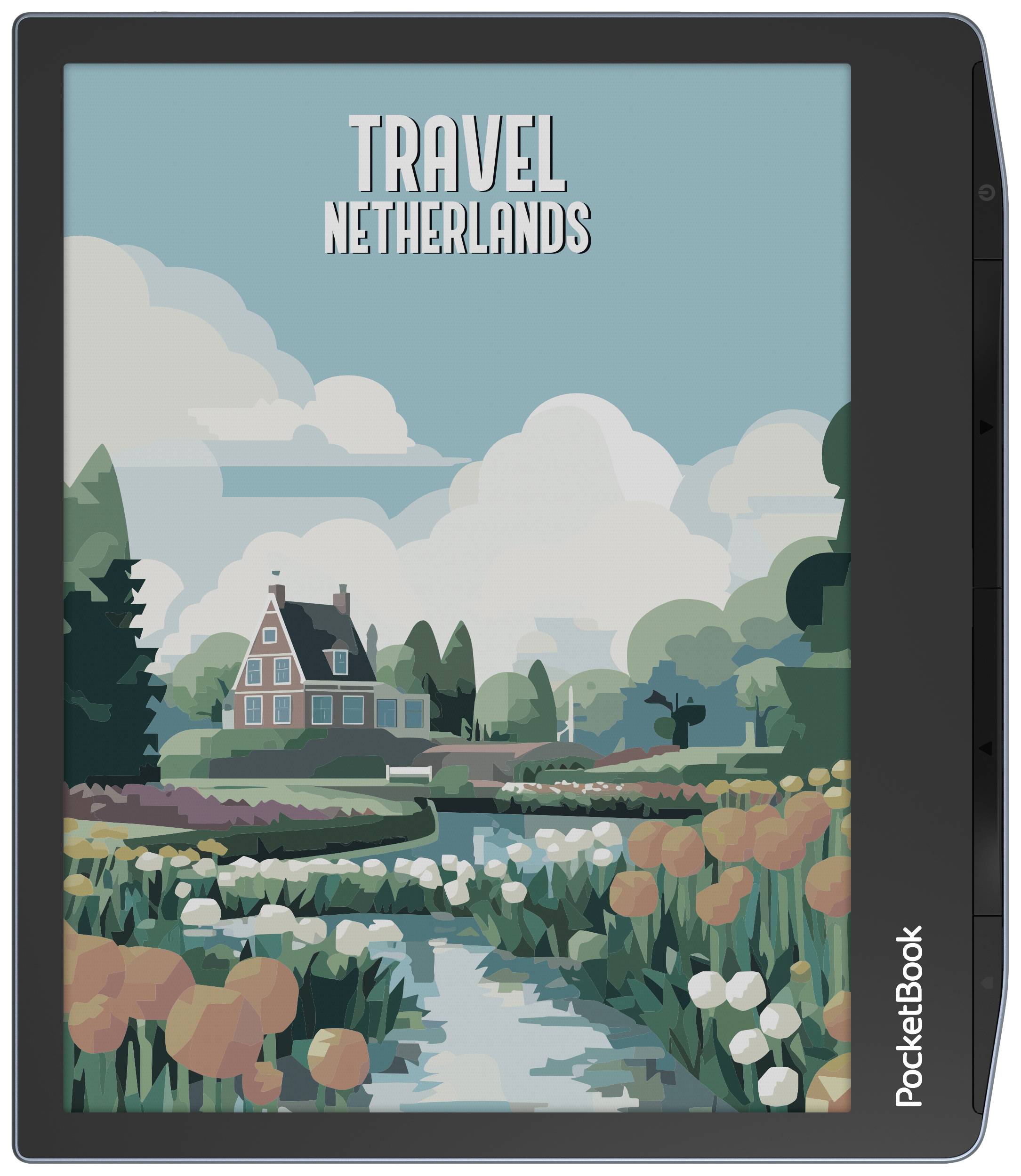 Plakat mit der Aufschrift 'Travel Netherlands' zeigt eine malerische Landschaft mit einem Haus und einem Feld voller Tulpen.