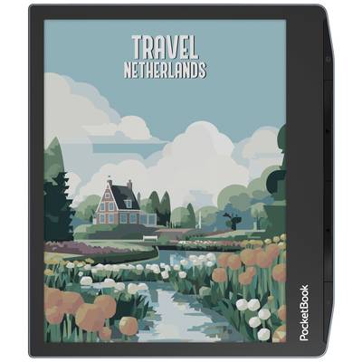 Plakat mit der Aufschrift 'Travel Netherlands' zeigt eine malerische Landschaft mit einem Haus und einem Feld voller Tulpen.