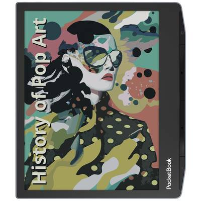 Tablet mit einer bunten Pop-Art-Illustration einer Person mit Sonnenbrille. Der Text 'History of Pop Art' steht vertikal am Rand.