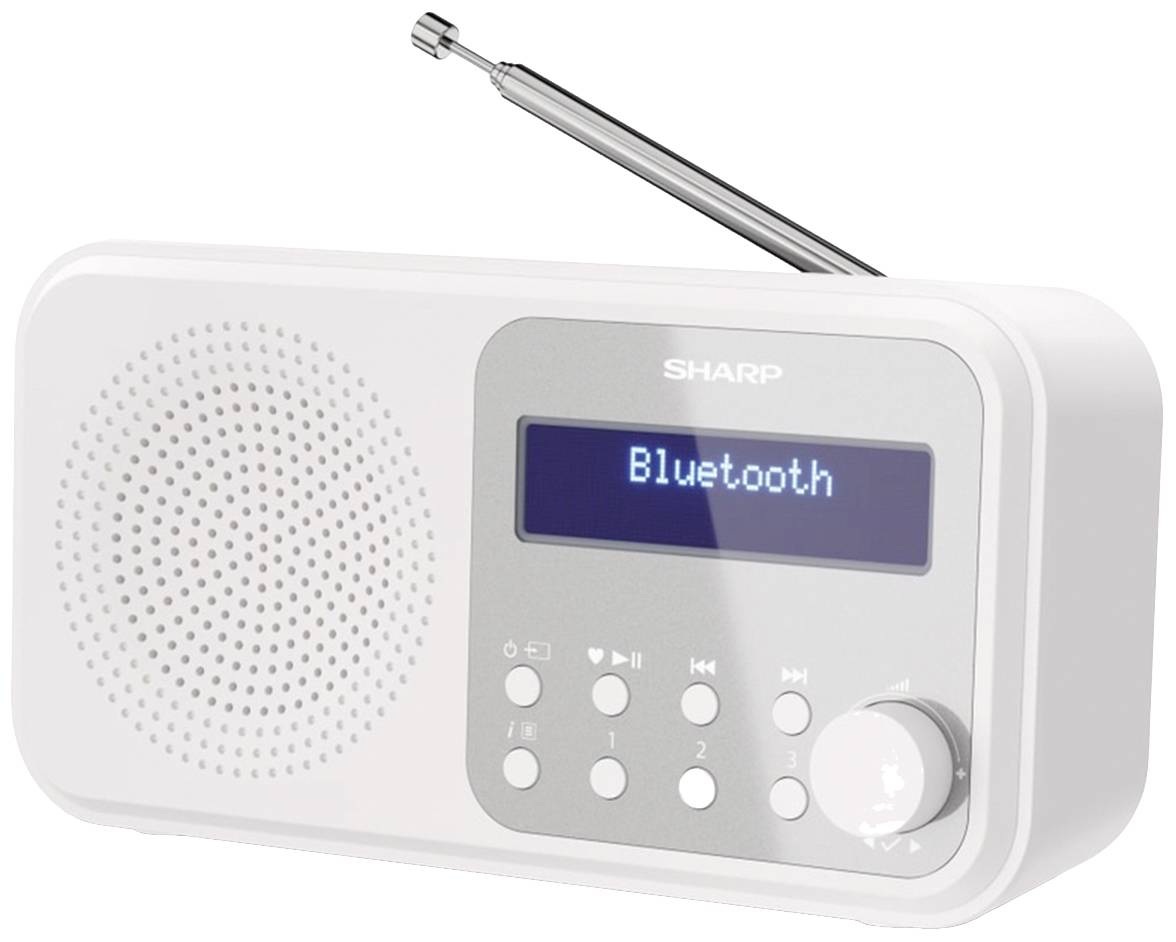 Ein weißes tragbares Radio mit Bluetooth-Funktion. Es hat Lautsprecher, ein Display mit 'Bluetooth'-Anzeige und Drehknöpfe.