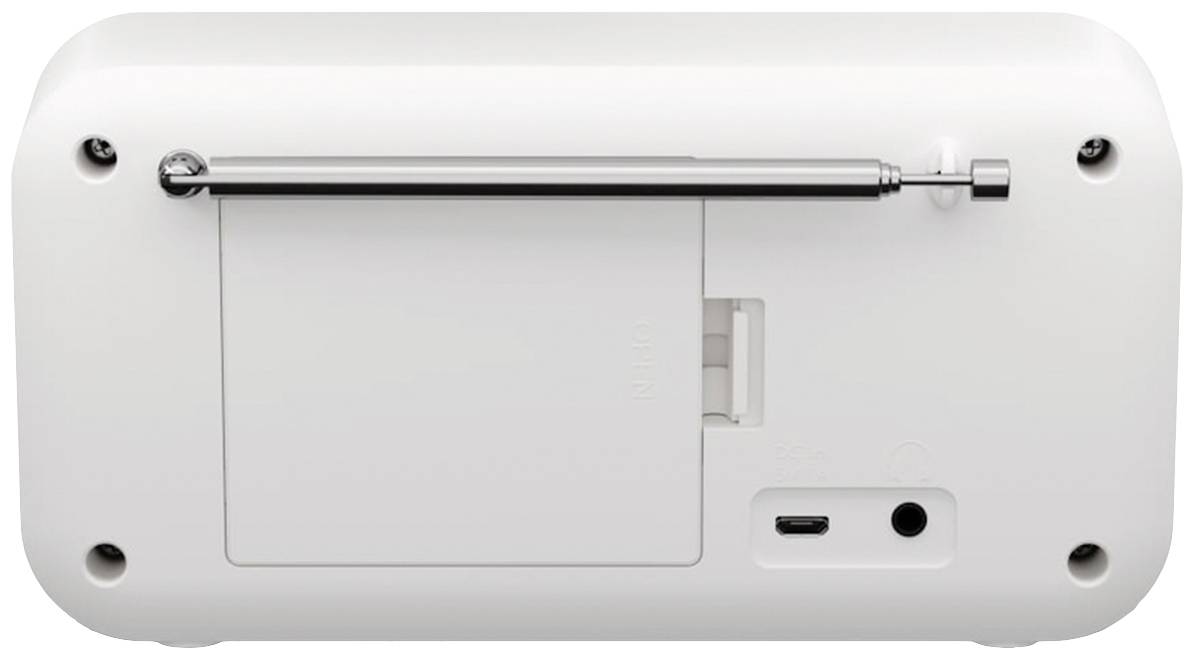 Der Rücken eines weißen Geräts mit ausziehbarer Antenne, Batteriefach, USB-Anschluss und Kopfhörerbuchse.