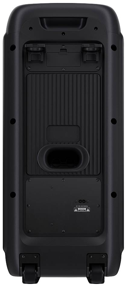 Schwarzer Lautsprecher, Rückansicht, zeigt Anschlussmöglichkeiten unten und Griffe oben. Design für tragbare Nutzung.