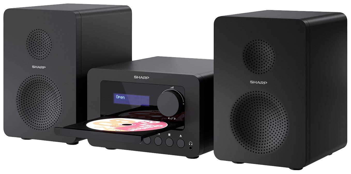 Schwarzes Stereo-Radiogerät mit zwei Lautsprechern. CD wird vorne geladen. Display zeigt 'On' an.