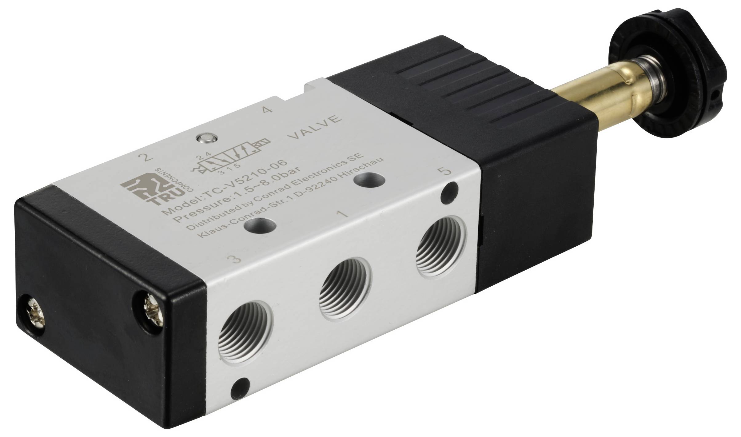 'Pneumatisches Ventil mit mehreren Anschlüssen und einem schwarzen Hebel zur Steuerung des Luftstroms in einem System.'