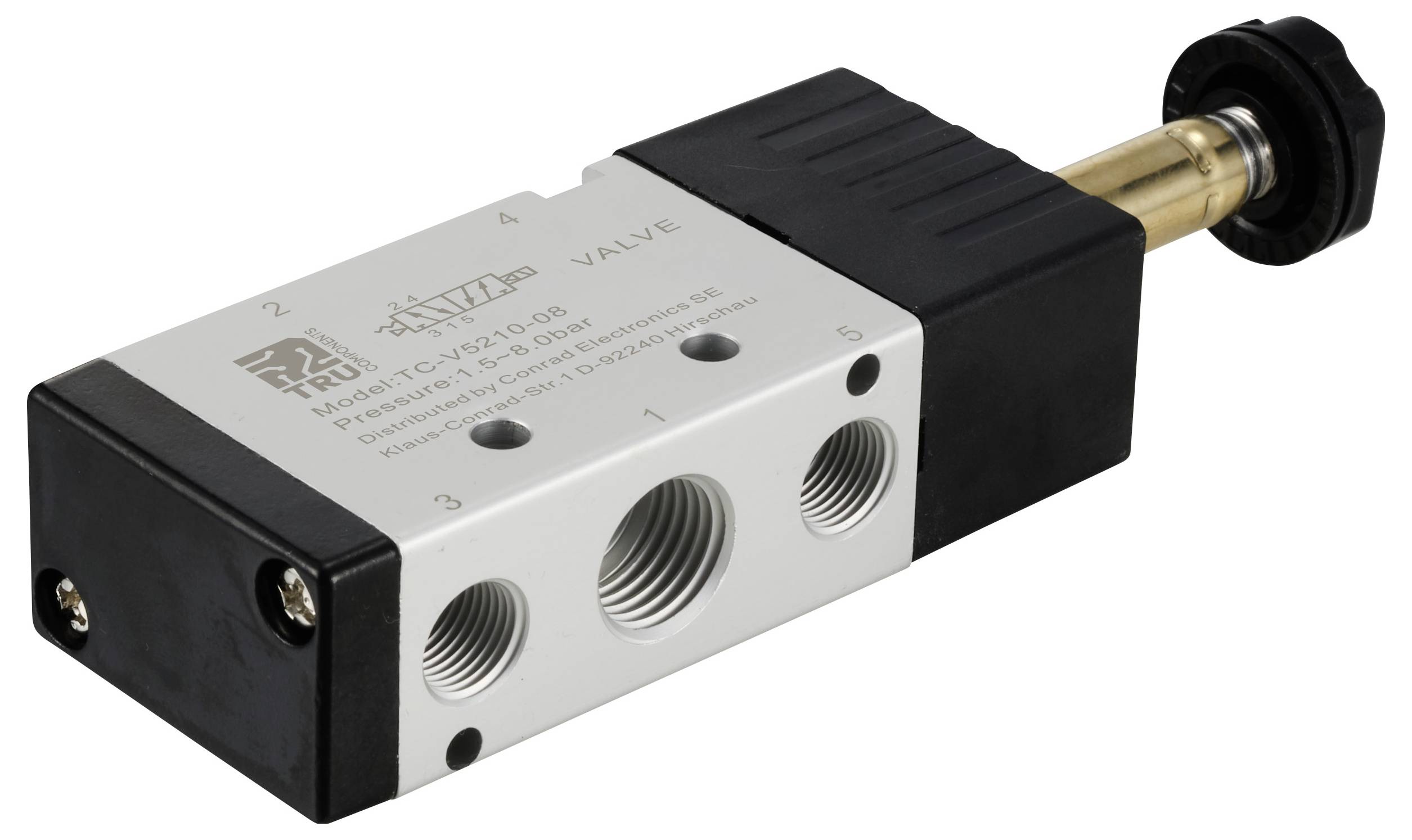 Das Bild zeigt ein pneumatisches Ventil mit fünf Anschlussstellen. Es ist rechteckig und hat eine schwarze und silberne Farbe.