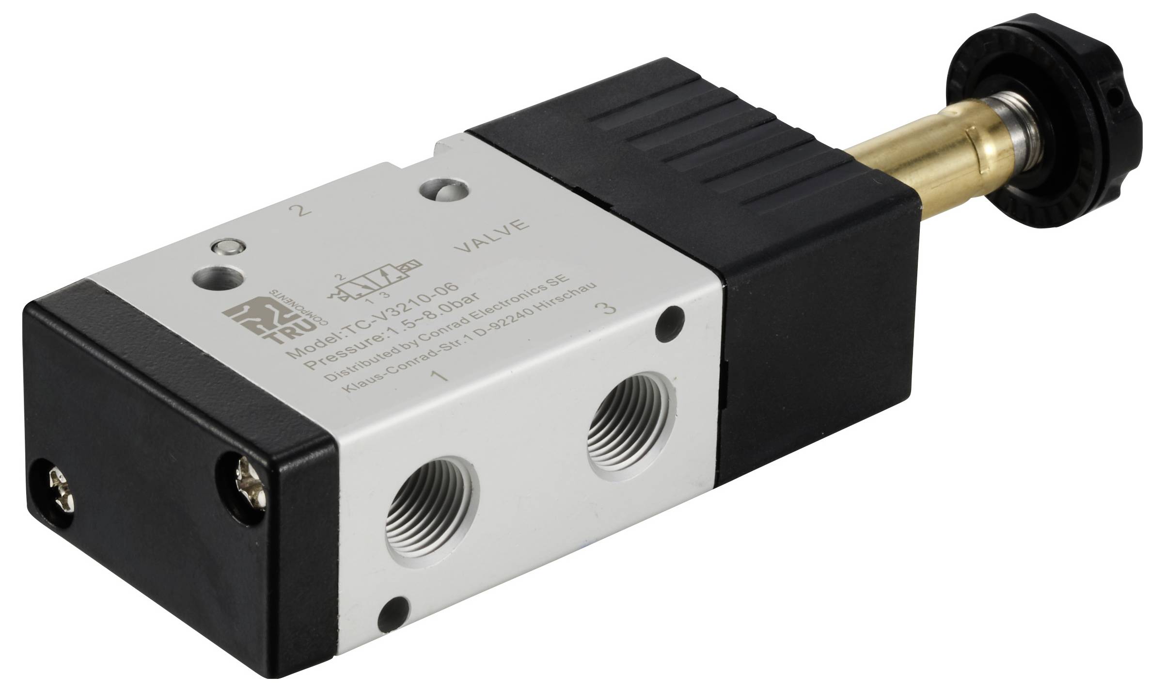 'Pneumatisches Ventil mit mehreren Anschlussöffnungen, rechteckigem Gehäuse und einem herausragenden Griff, schwarz-silbern gefärbt.'