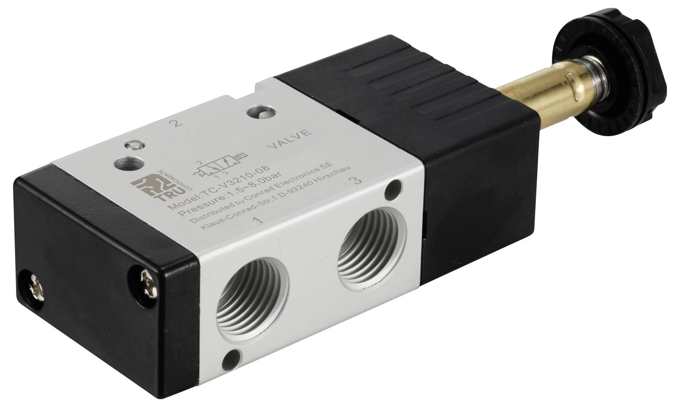 Ventil mit schwarzem Gehäuse und zwei silbernen Gewindeanschlüssen an der Seite. Ein goldener Schaft mit schwarzem Griff erstreckt sich nach rechts.