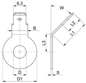 'Technische Zeichnung eines Bauteils mit Abmessungen: B, D, D1, L1, L2, L3, S, W.'