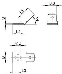 Technische Zeichnung einer metallischen Halterung mit Bemaßungen: L1, L2, L3, S, W, D, B und 6,3. Zeigt Seiten- und Draufsicht.