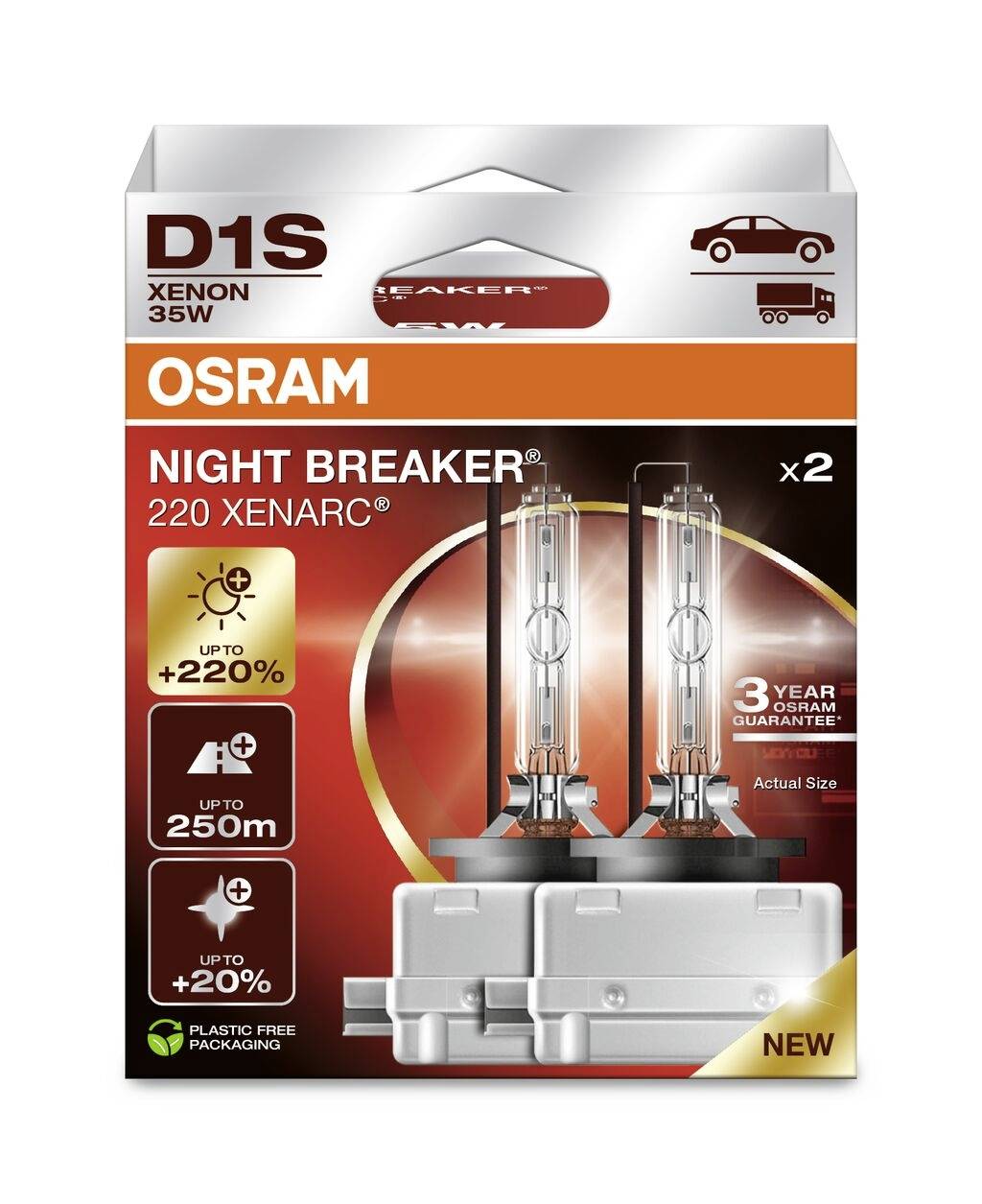 Verpackung von 'Osram Night Breaker 220 Xenarc D1S' Xenonlampen, 35W. Zwei Lampen mit bis zu 220 % mehr Helligkeit und 250m Reichweite. 3 Jahre Garantie.