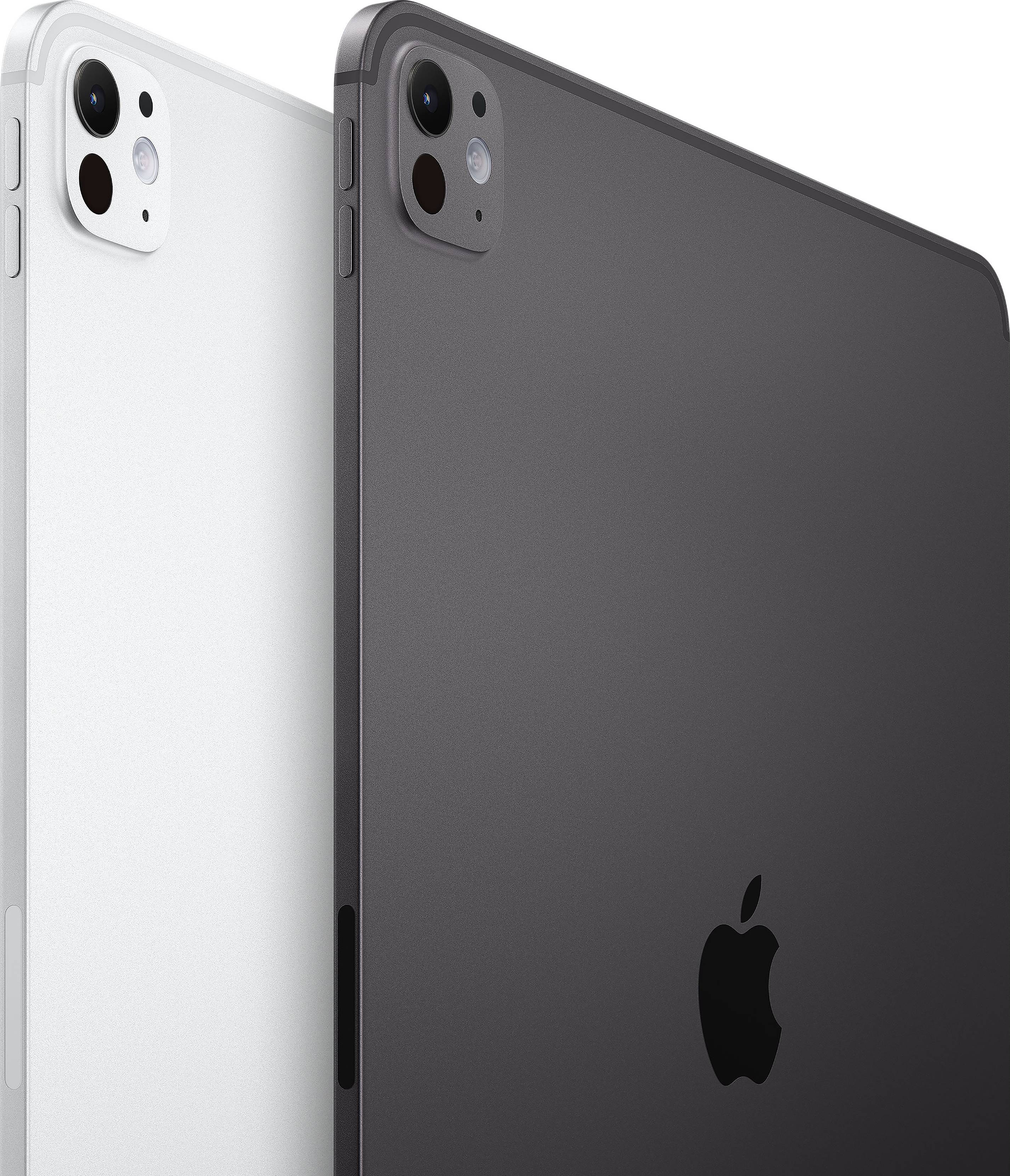 Zwei Tablets in grau und weiß, nebeneinander stehend, zeigen Rückseiten mit Apple-Logo und Kameras.