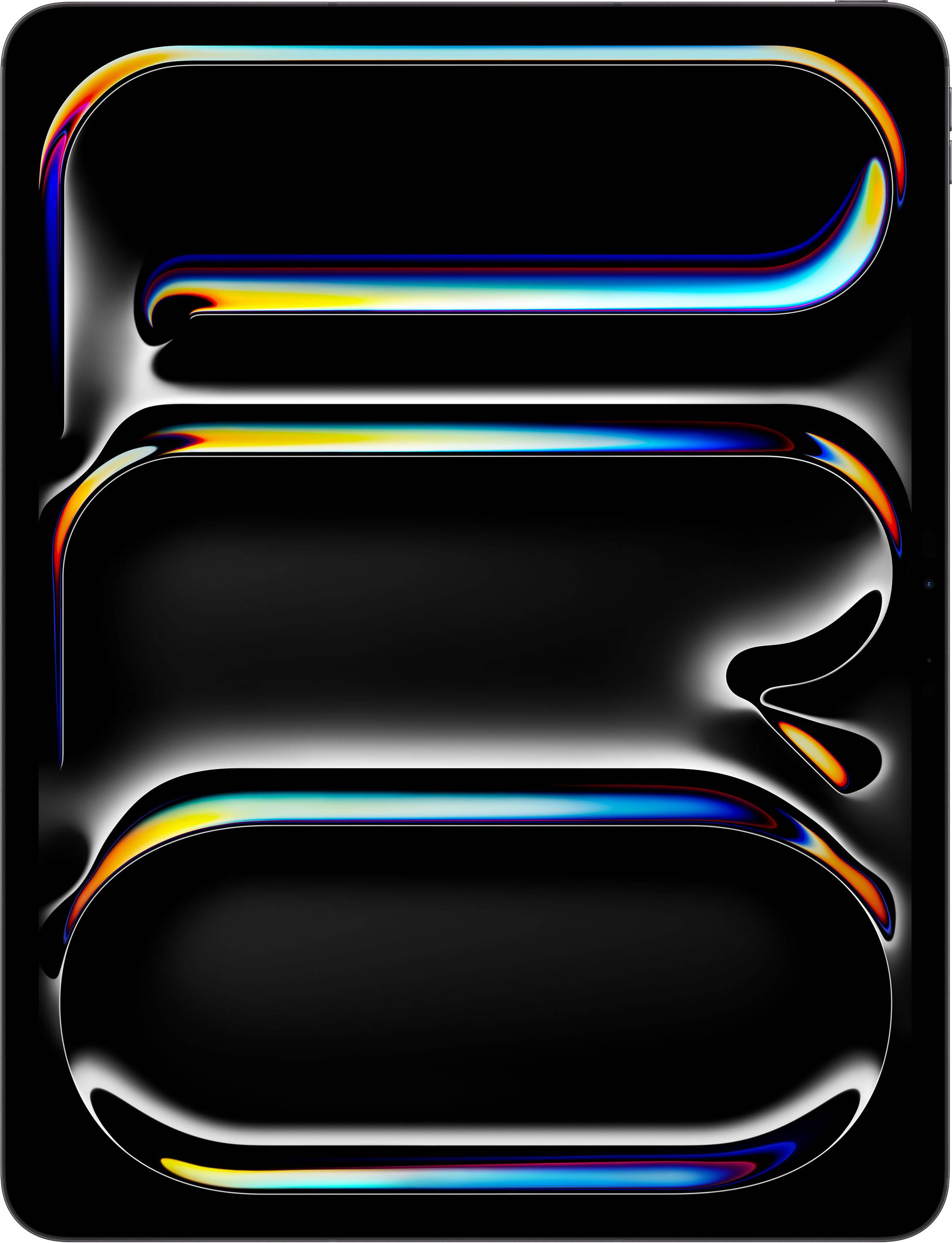 Abstrakte Illustration mit geschwungenen Formen in Regenbogenfarben auf schwarzem Hintergrund.