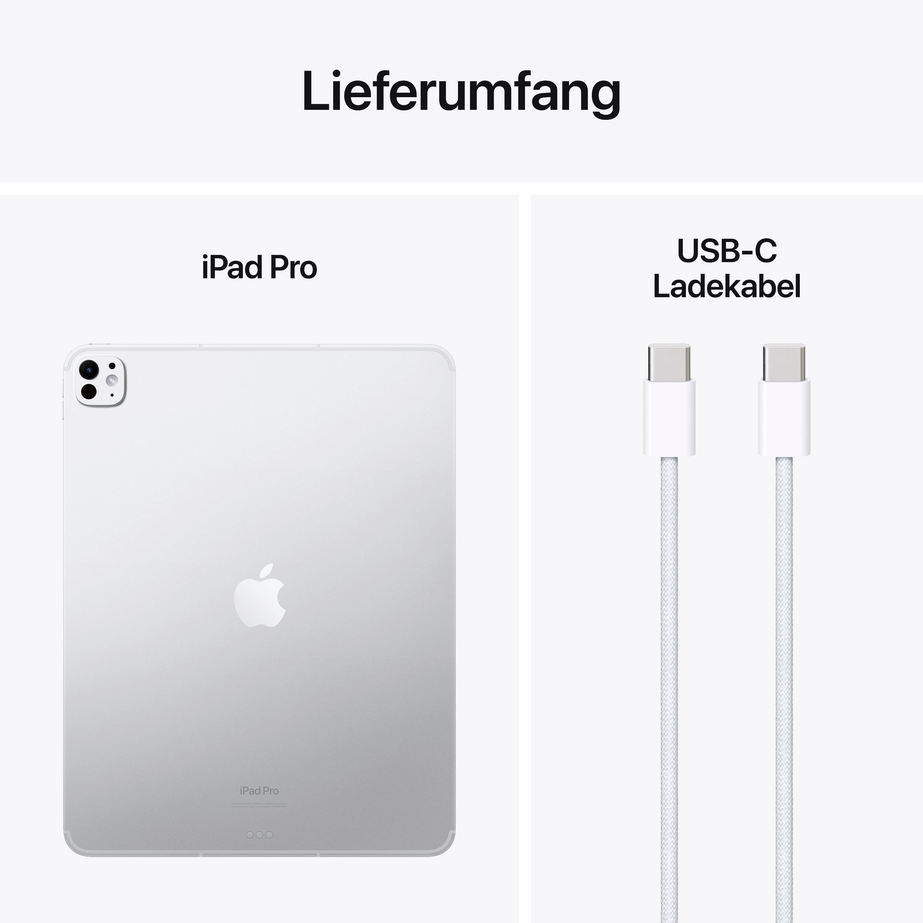 Lieferumfang: iPad Pro in silberner Farbe und ein USB-C-Ladekabel.