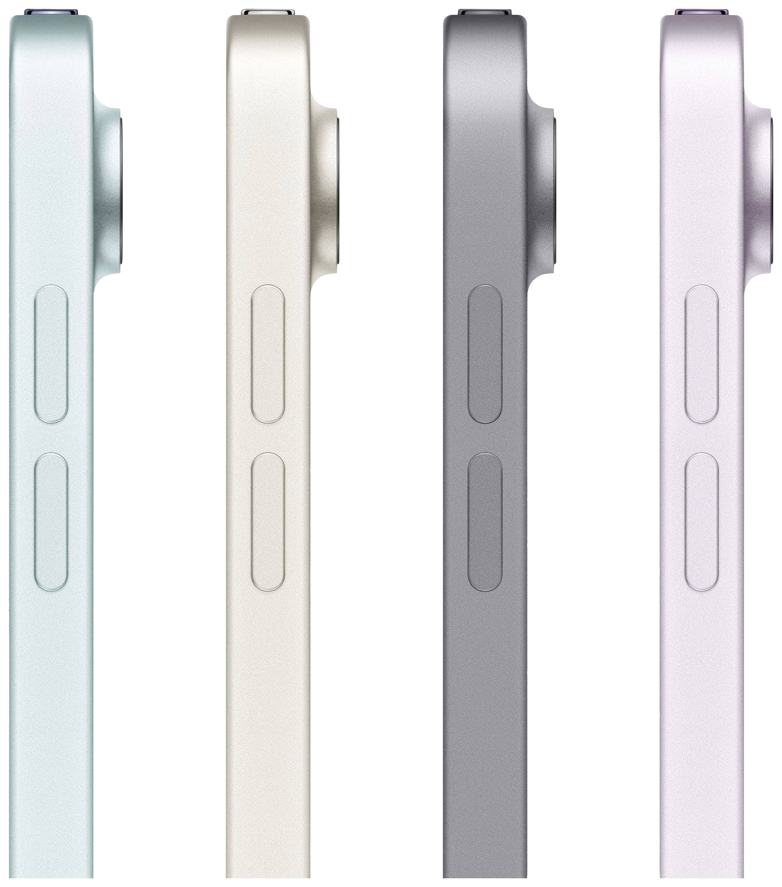 Vier Smartphones in den Farben Hellblau, Beige, Grau und Hellrosa sind nebeneinander von der Seite dargestellt.