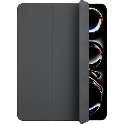 Ein Tablet mit schwarzem Smart Cover, teilweise geöffnet, zeigt einen farbenfrohen Bildschirm.