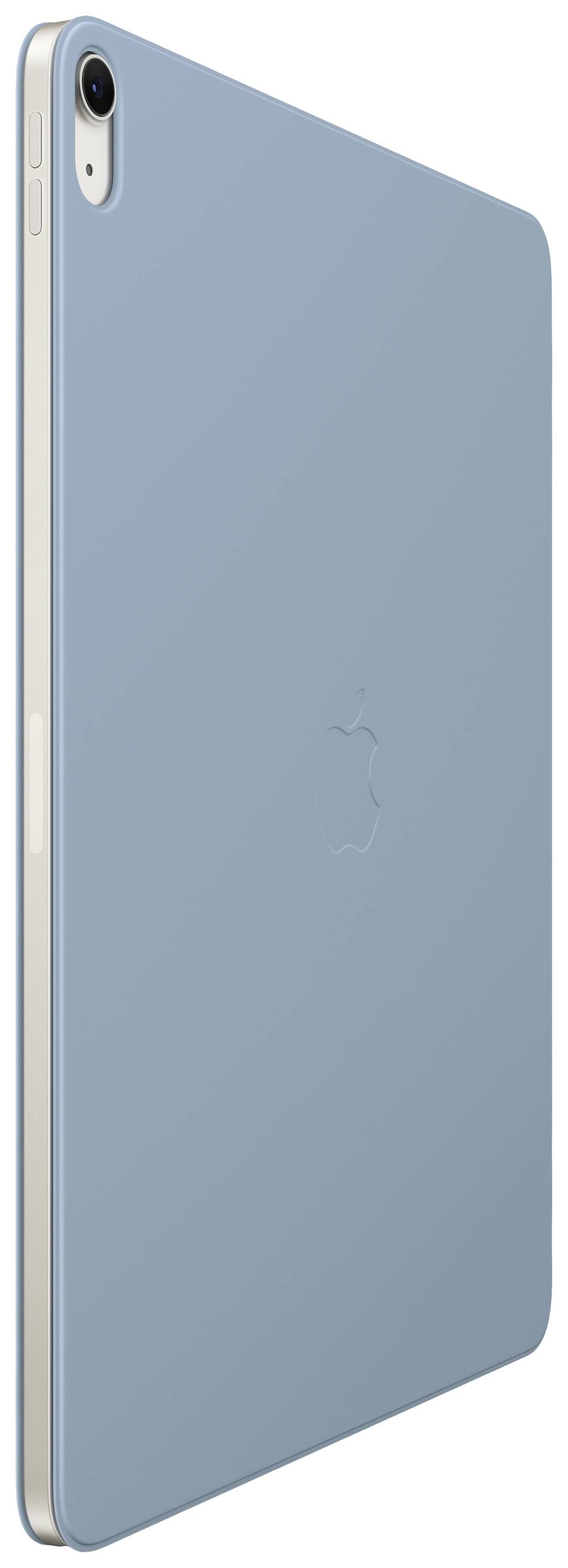 Ein blaues Tablet mit Kamera auf der Rückseite, schlichte Oberfläche, schlankes Design, Logo in der Mitte.