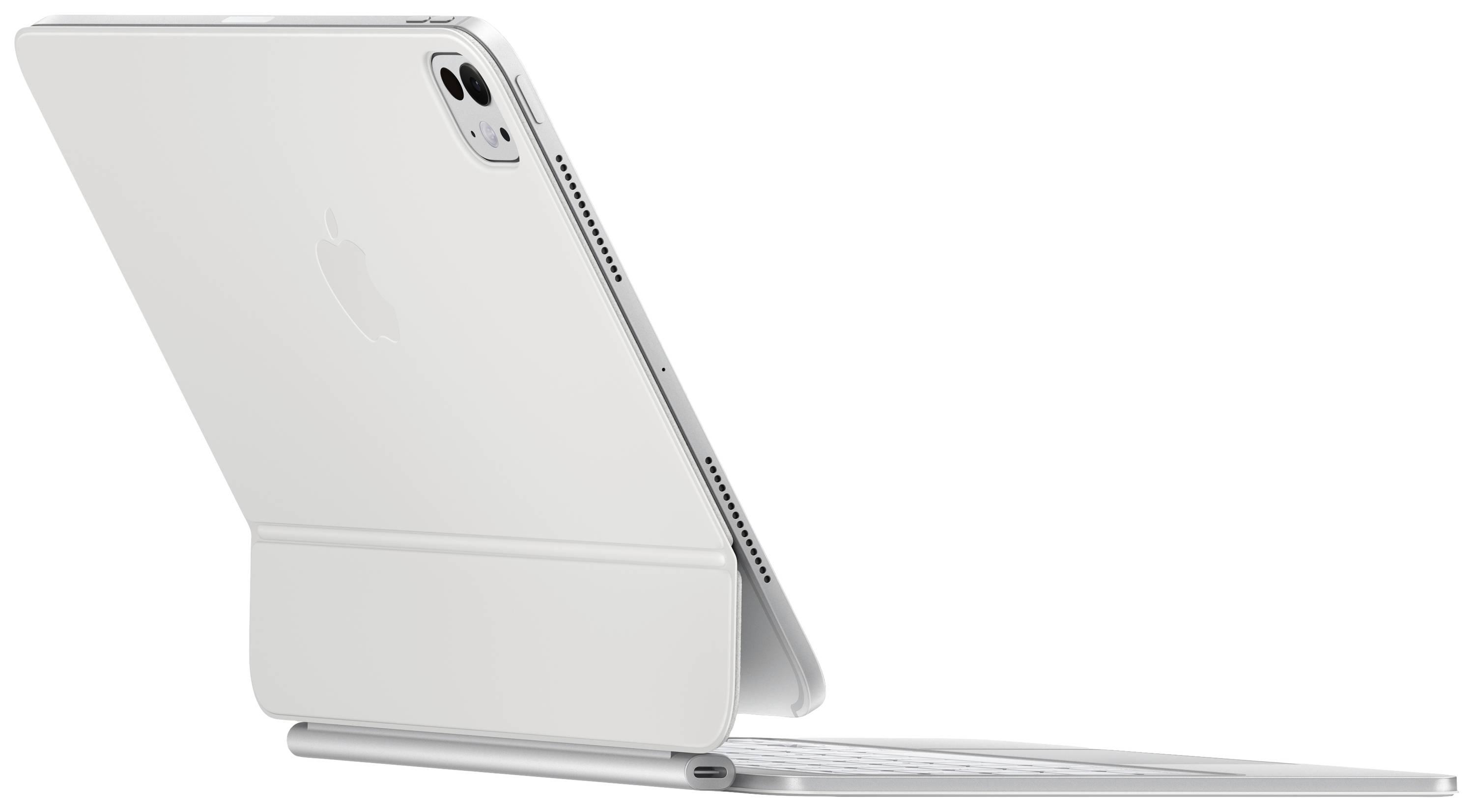Ein weißes Tablet auf einer Tastaturhülle, im seitlichen Profil, mit einem Apple-Logo sichtbar auf der Rückseite.