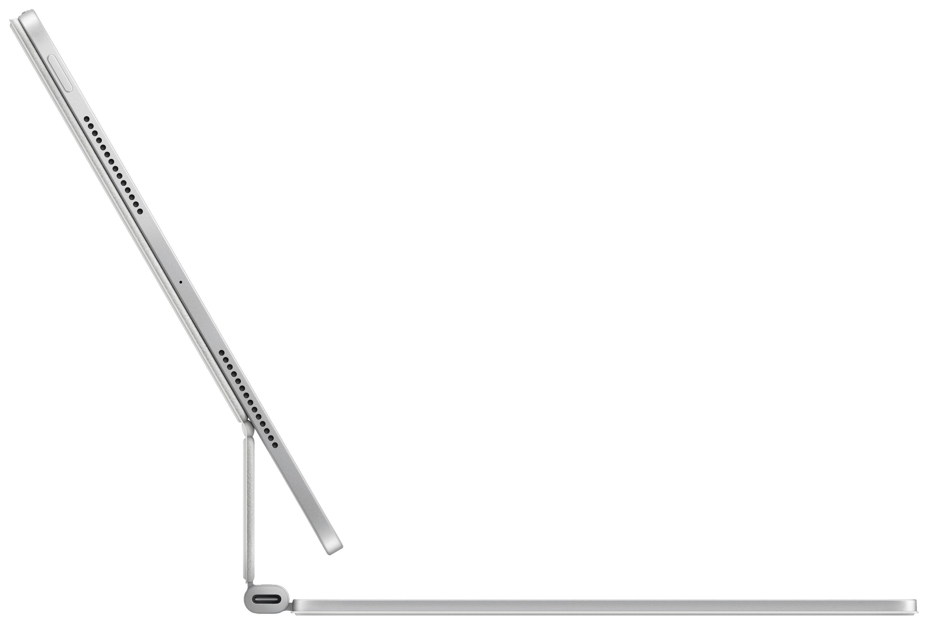 Ein Tablet in seitlicher Ansicht ist auf einem Tastaturständer platziert, der das Gerät stützt und eine schräge Position ermöglicht.