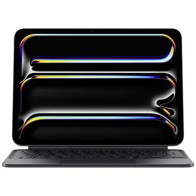 Ein Tablet mit einem Keyboard-Dock zeigt ein abstraktes, leuchtendes Muster auf dem Bildschirm, das einen futuristischen Eindruck vermittelt.