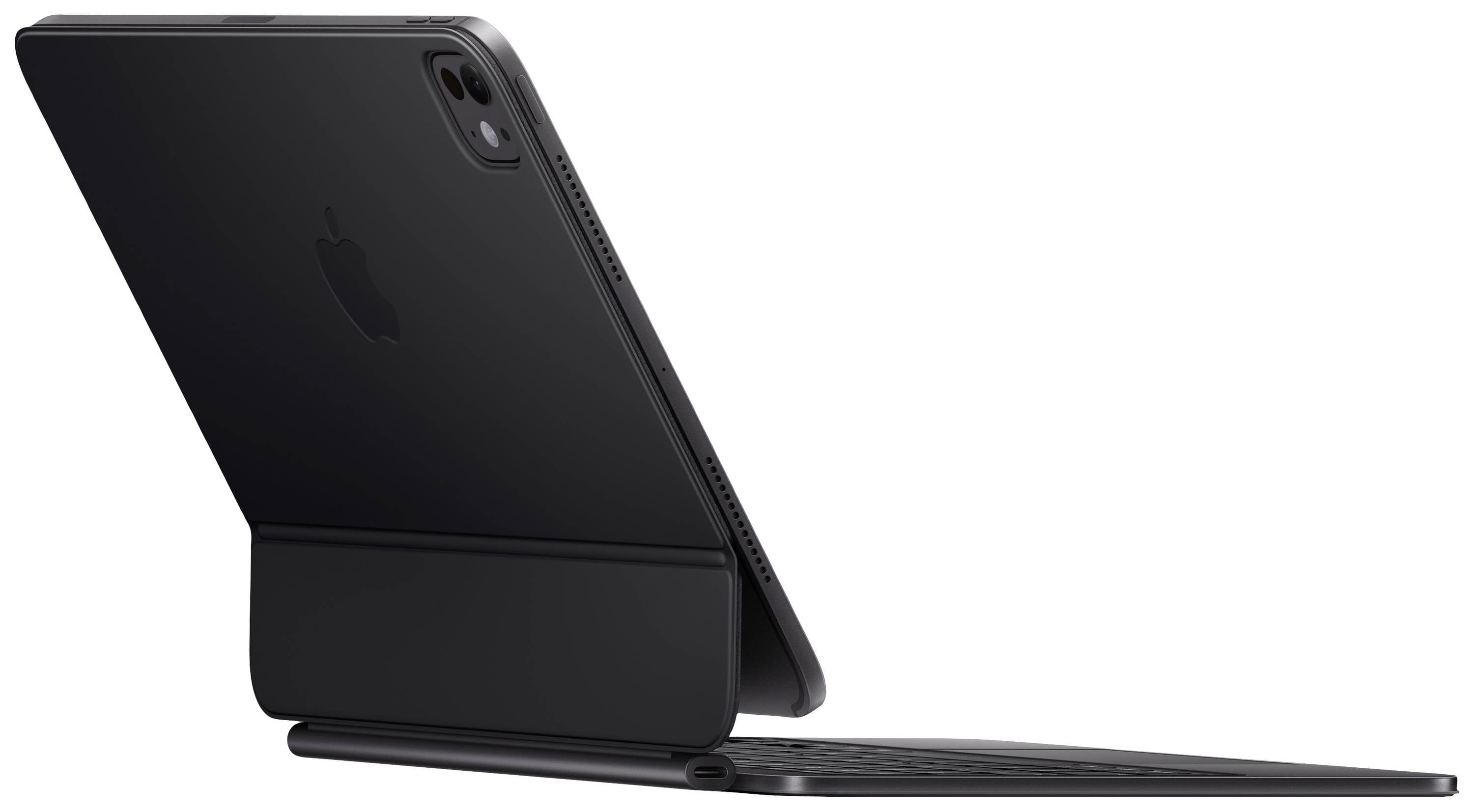 Ein Tablet in einer schwarzen Tastaturhülle, aufgestellt und mit sichtbarem Apple-Logo. Es zeigt eine seitliche Rückansicht.