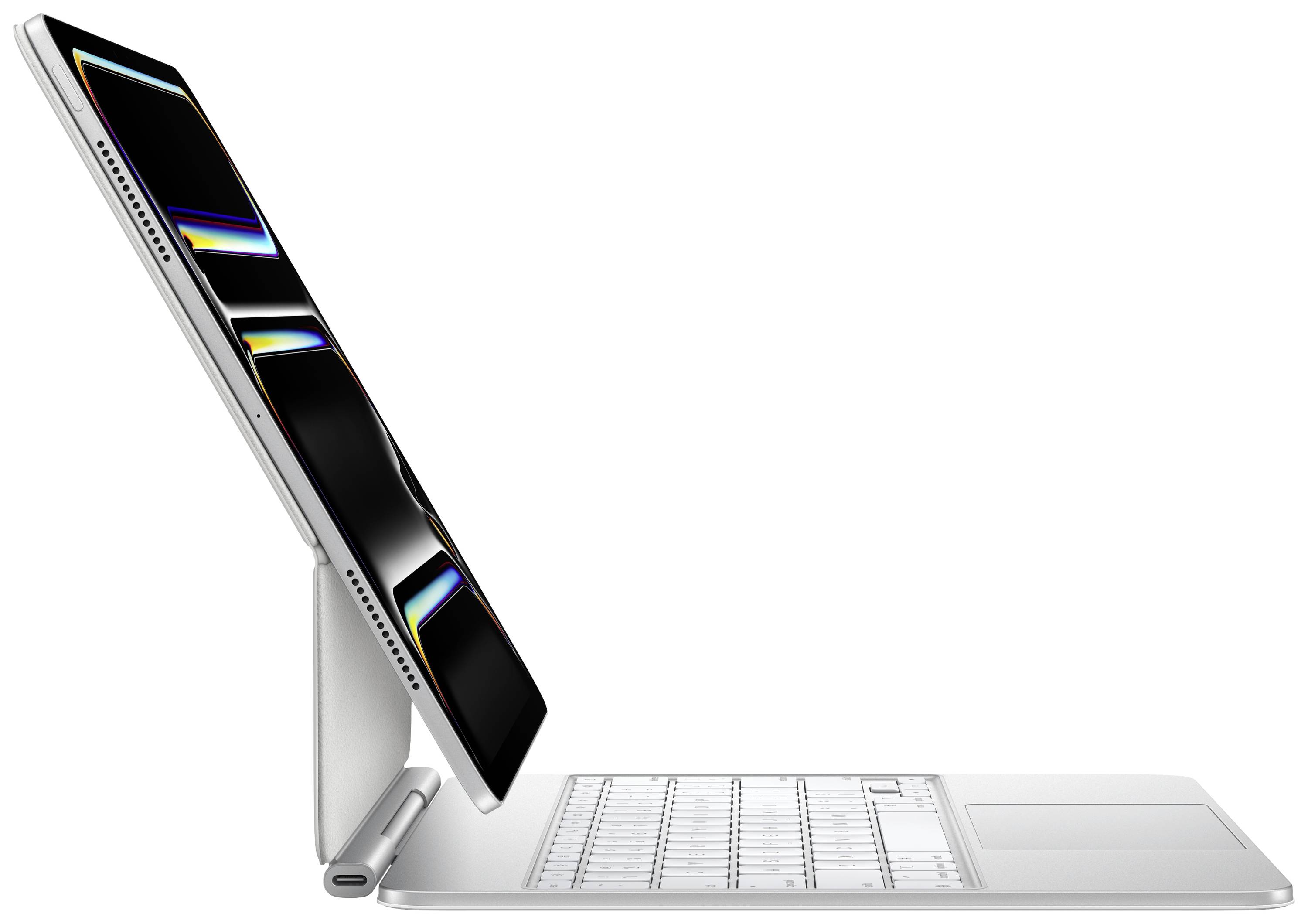 Ein Laptop mit abnehmbarer Tablet-Funktion, seitliche Ansicht. Das Tablet steht schräg auf der Tastatur und zeigt einen bunten Bildschirm.