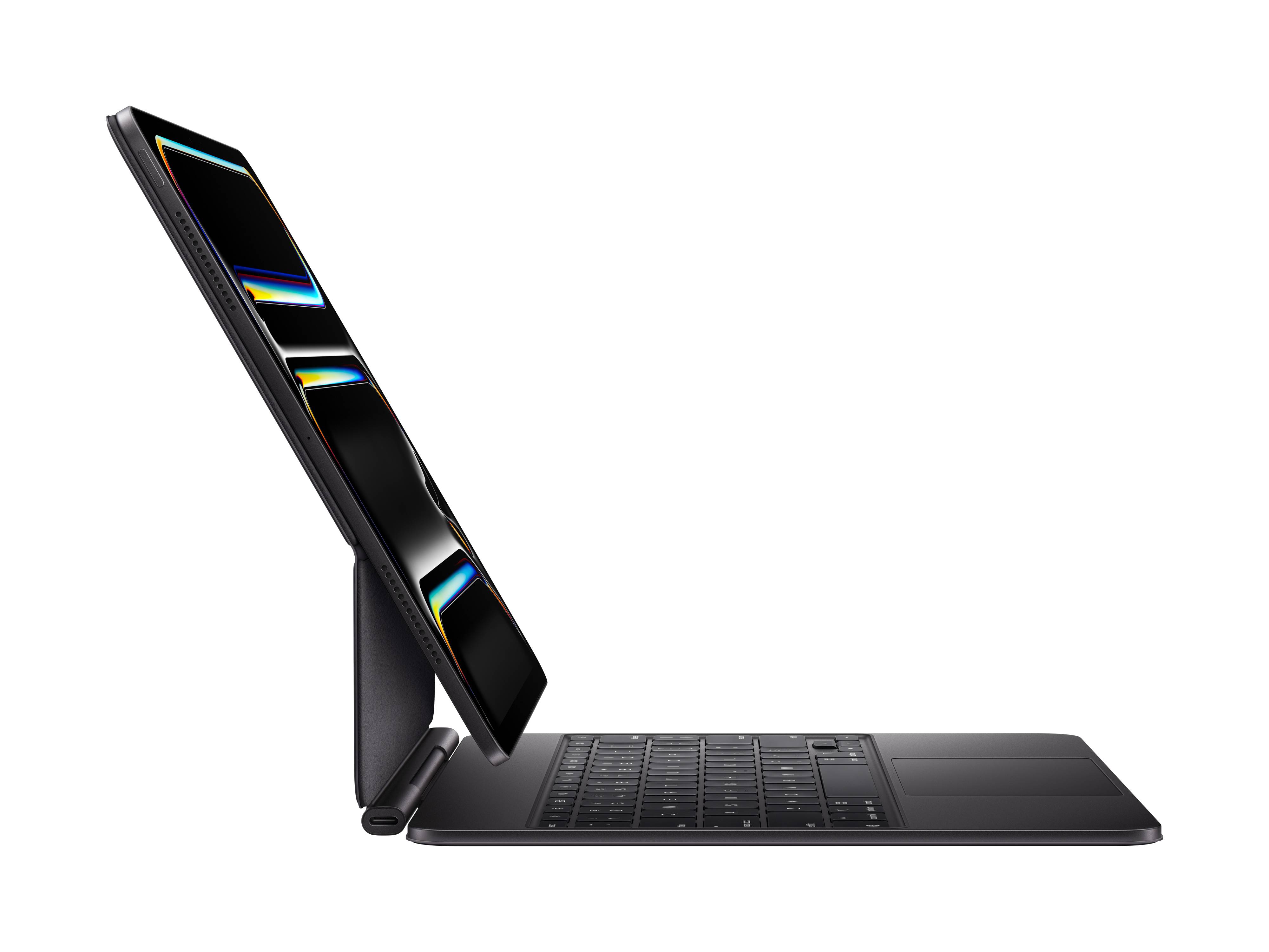 Ein Tablet ist seitlich auf eine Tastatur aufgesteckt, wodurch es wie ein Laptop wirkt. Das Design ist modern und schlank.