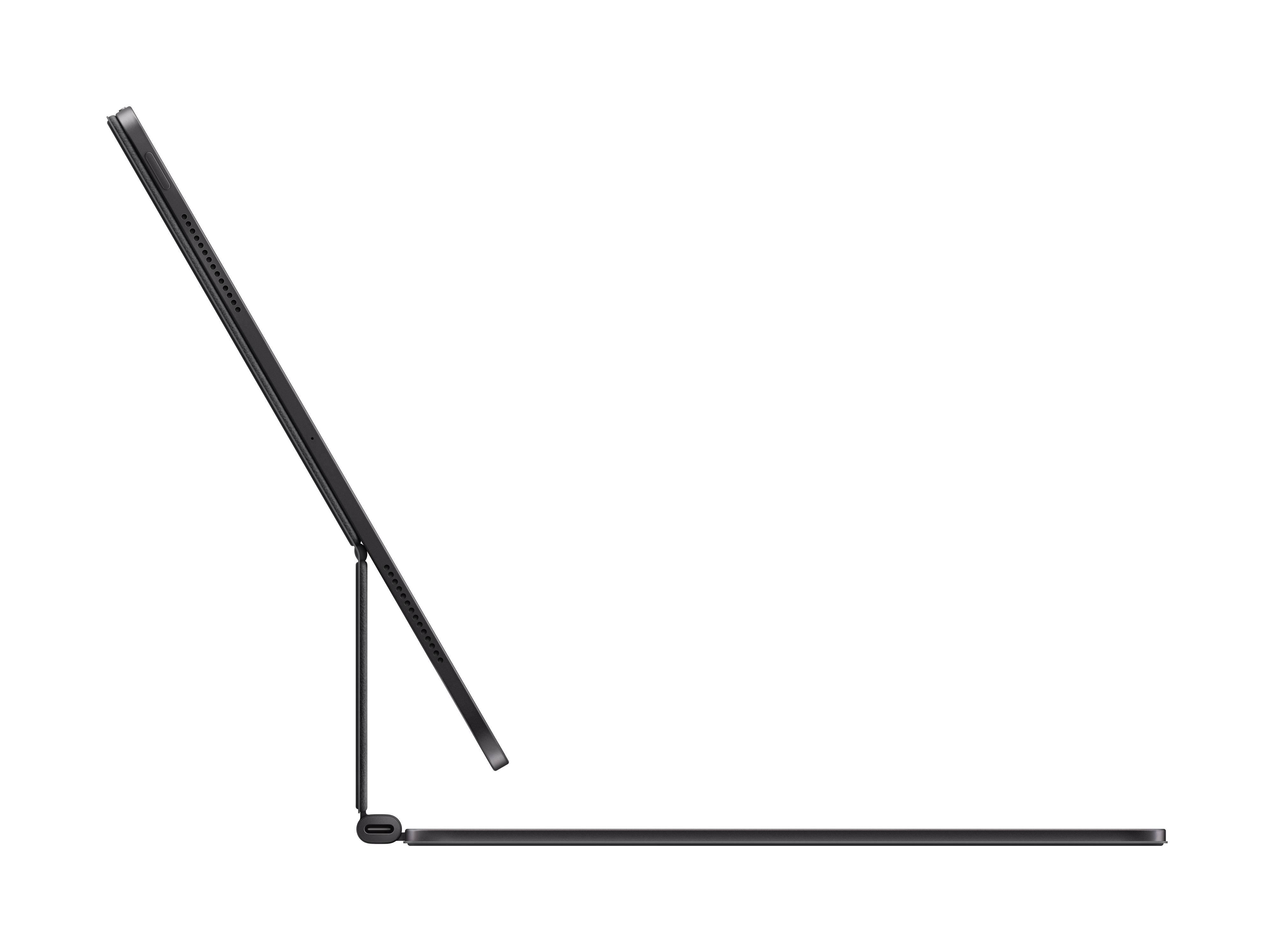 Seitenansicht eines Tablets, das in einer dünnen, minimalistischen Tastaturhülle steht. Das Tablet befindet sich in einem aufrechten Winkel.