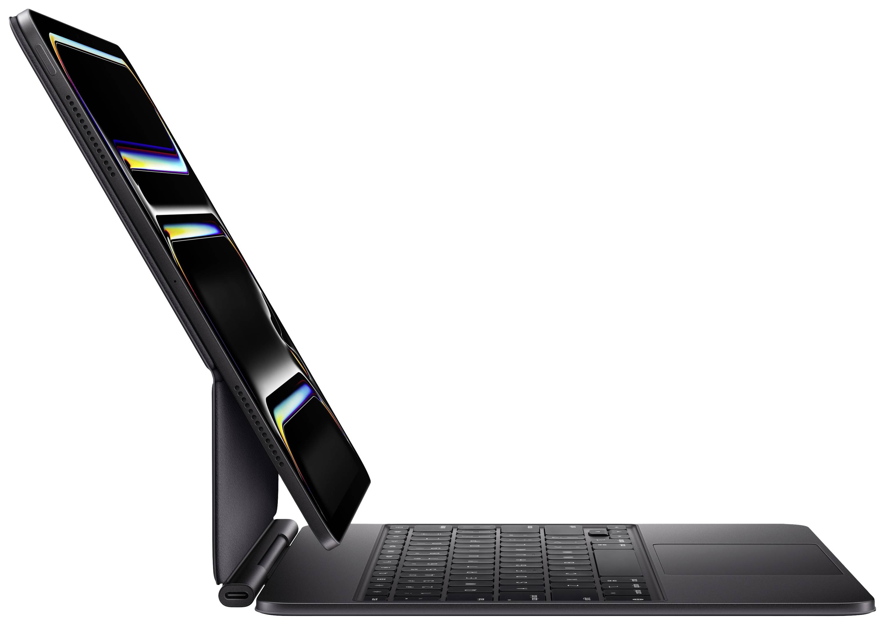 Ein Tablet in Seitenansicht, an eine abnehmbare Tastatur angedockt, mit mehreren geöffneten Apps auf dem Bildschirm.