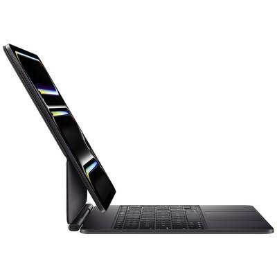 Ein Tablet in Seitenansicht, an eine abnehmbare Tastatur angedockt, mit mehreren geöffneten Apps auf dem Bildschirm.