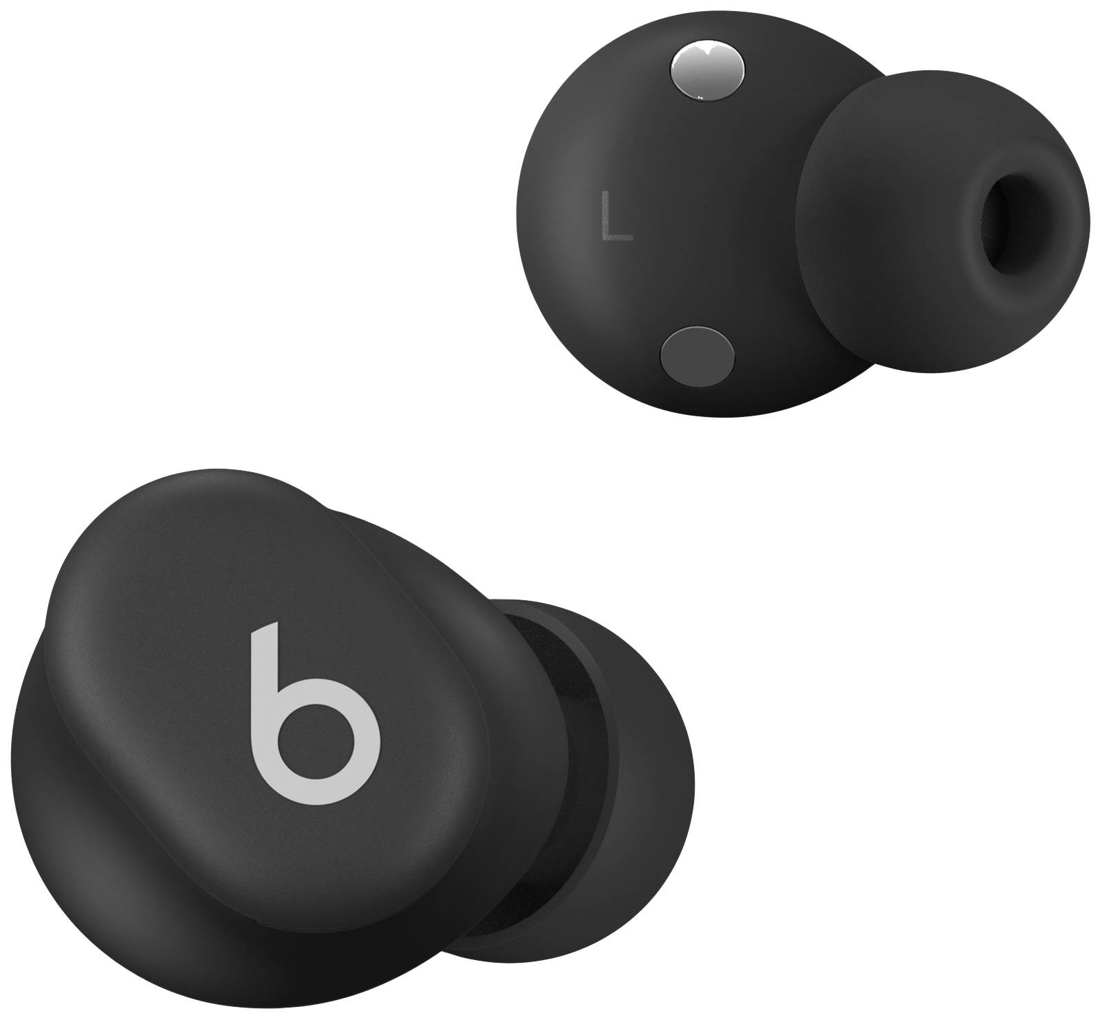 Schwarze kabellose In-Ear-Kopfhörer mit einem 'b'-Logo auf einem Ohrhörer. Sie sind klein und haben austauschbare Ohrstöpsel-Aufsätze.