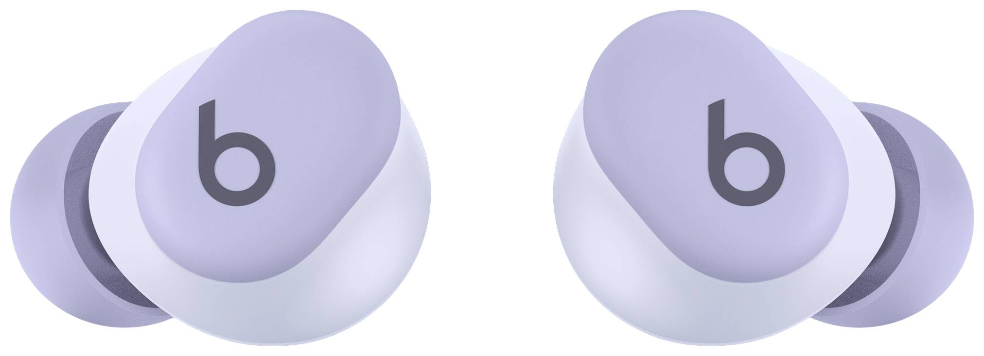 Zwei kabellose In-Ear-Kopfhörer in hellem Lila mit schwarzen Akzenten und einem 'b'-Logo auf jedem Ohrhörer.