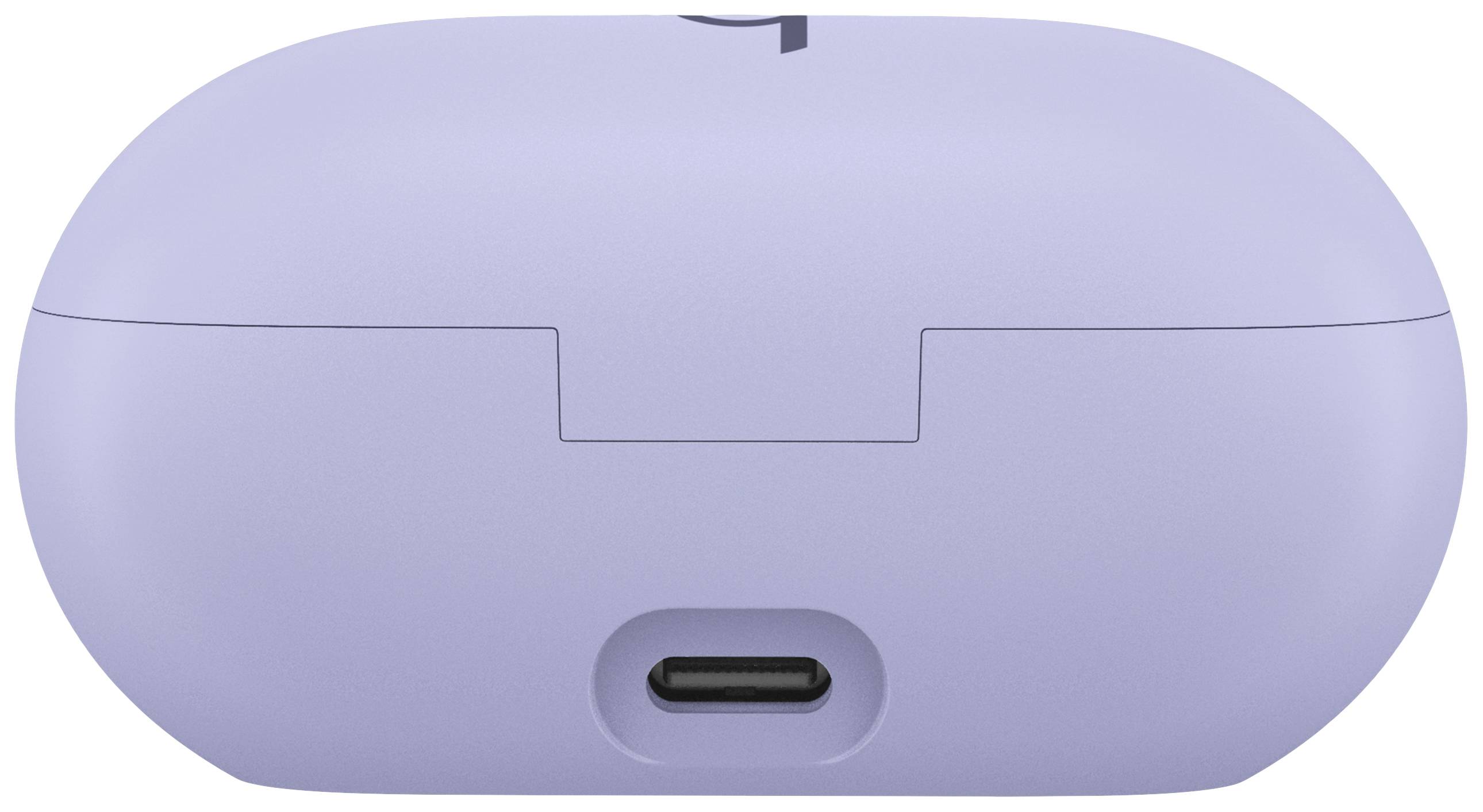 Lila Ladehülle eines kabellosen Ohrhörers, mit sichtbarem USB-C-Anschluss unten.