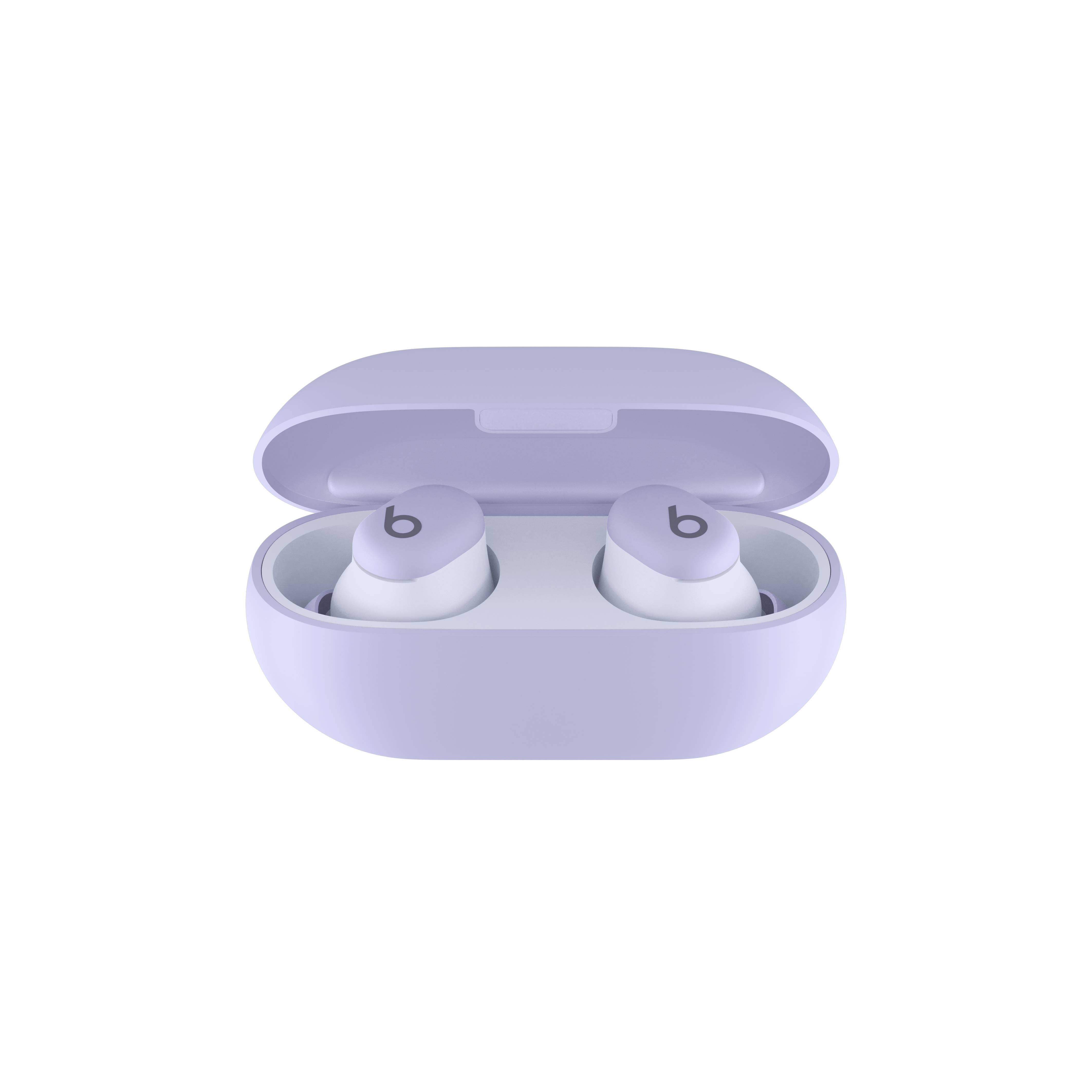 Lila kabellose Ohrhörer in einem offenen Ladecase.